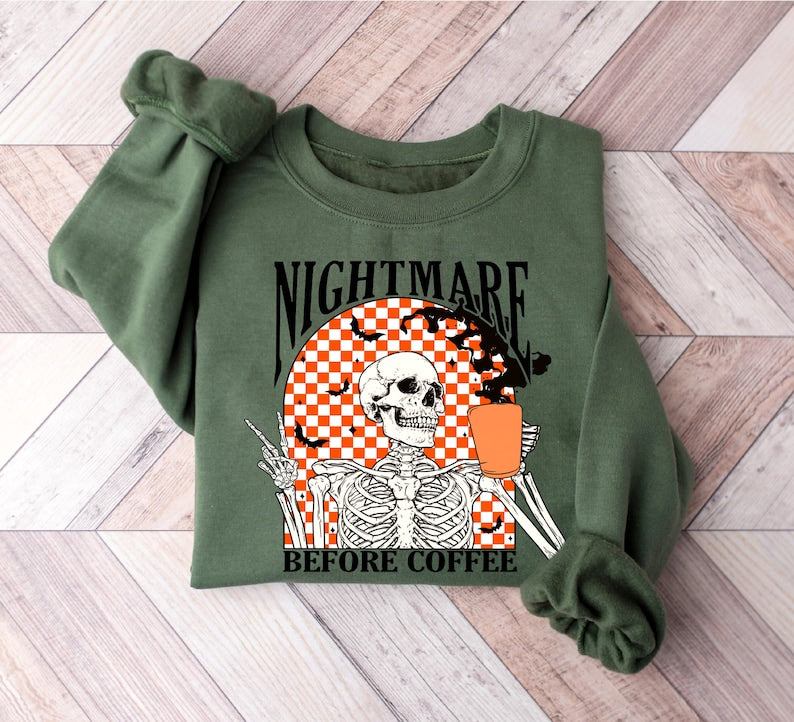 Skeleton Halloween Shirt Coffee Fall Shirt Halloween Sweatshirt Crewneck Sweatshirt All Over Print Sweatshirt For Women Sweatshirt For Men