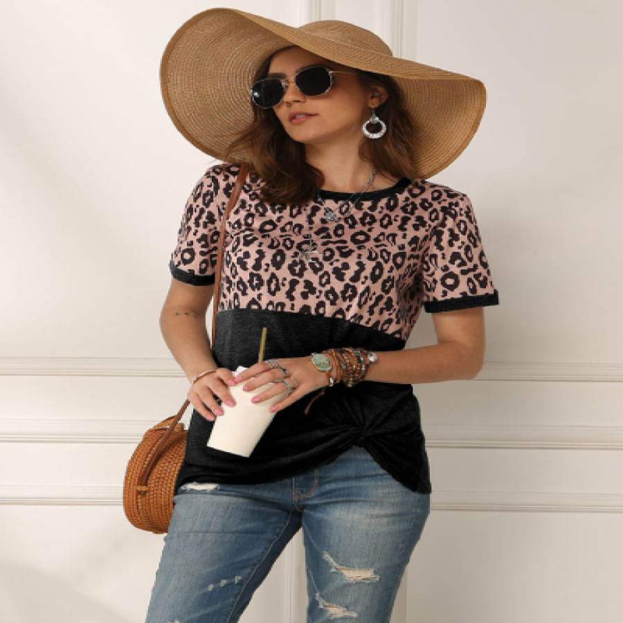 Women cheap leopard print patchwork short sleeved T shirt