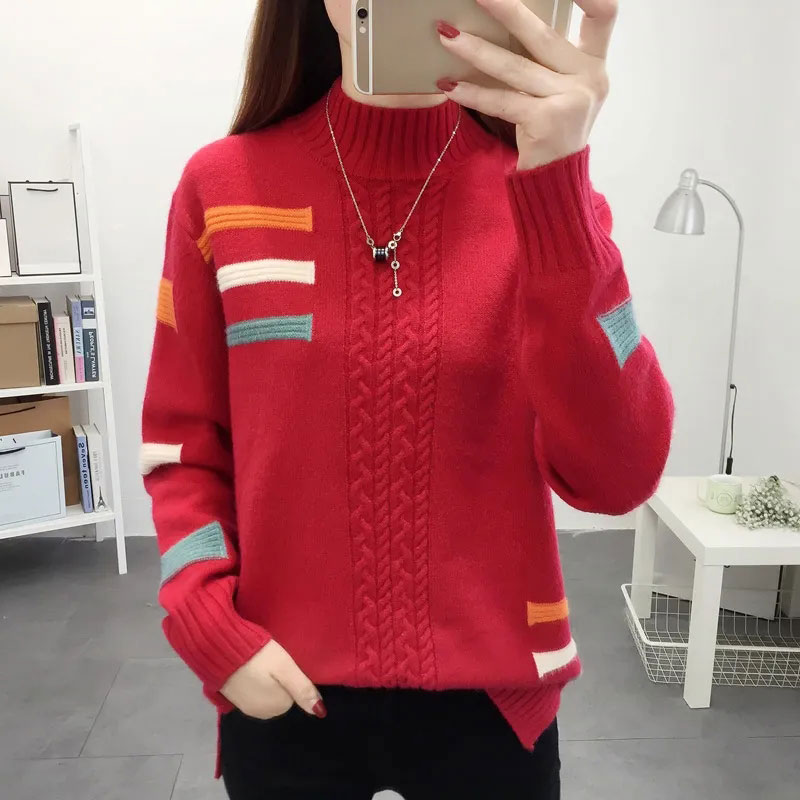 Twist Sweater Women’s Thickened Thermal Pullover Half Turtleneck Loose Striped Knit Top Autumn and Winter Korean Fashion Jumper alx