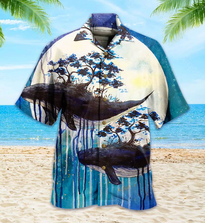 Whale Couple Moon Blue Hawaiian Shirt 3D Hawaiian Shirt