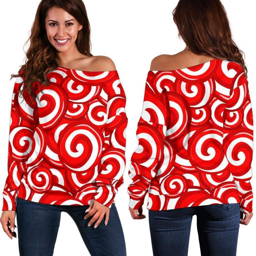 Candy Cane Pattern Print Women Off Shoulder Sweatshirt