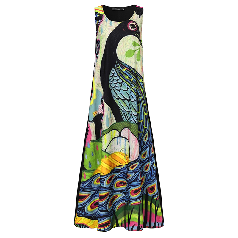 Summer O Neck Sleeveless Beach Dress ZANZEA Women Vintage Floral Printed Long Vestidos Casual Party Tanks Sundress alx