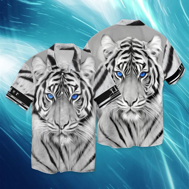 White Tiger Blue Eyes Cool 3D Full Print Hawaiian Shirt