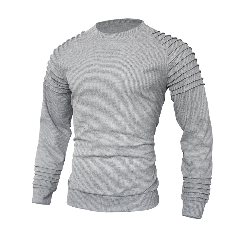 2022 Solid Color Sleeve Pleated Long Sleeve Knitted Pullover Men Sweater Autumn Casual Sweatshirts Fashion Slim Basic Tops alx