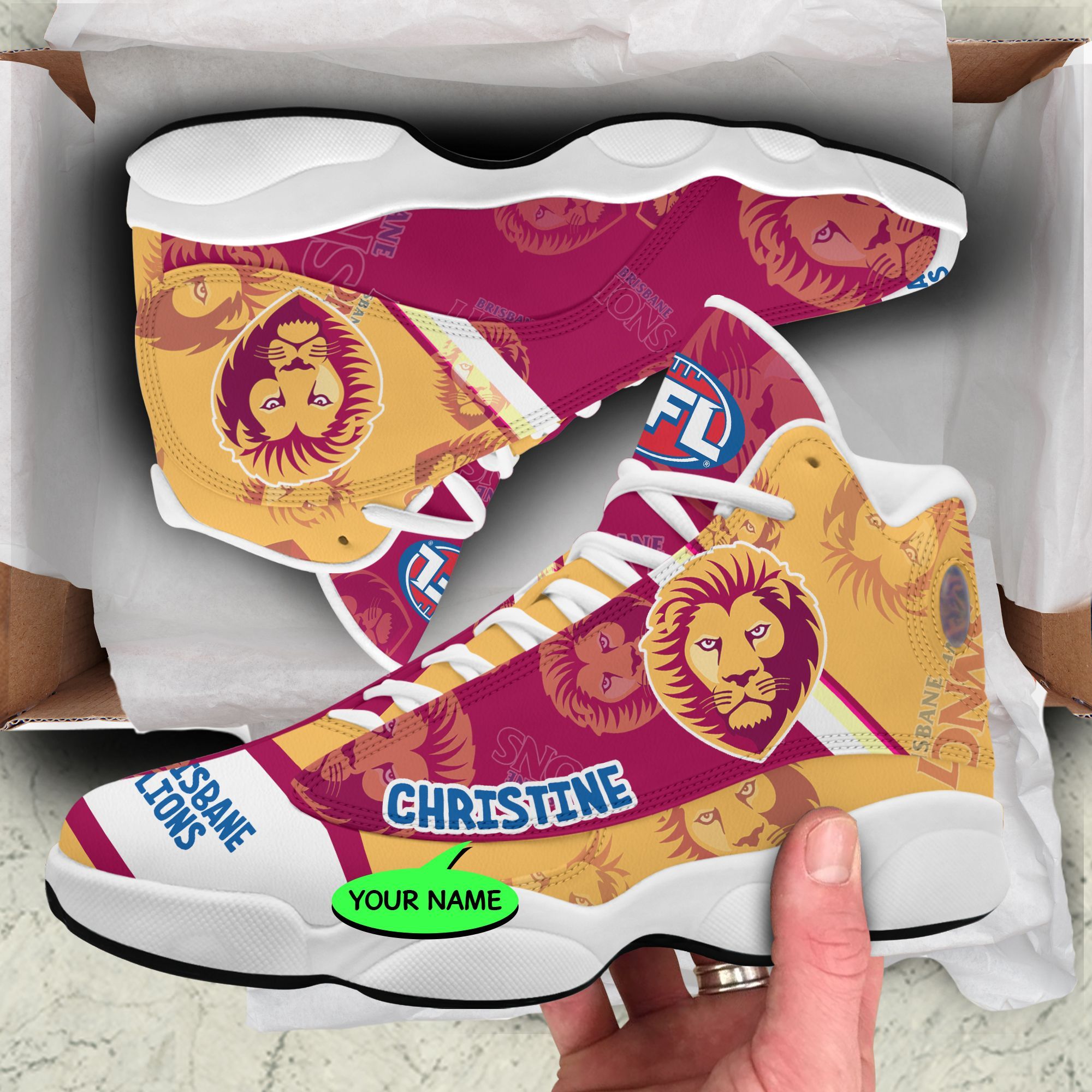 Thajd08 Dug Personalized Brisbane Lions Logo Jordan Jd13 Shoes