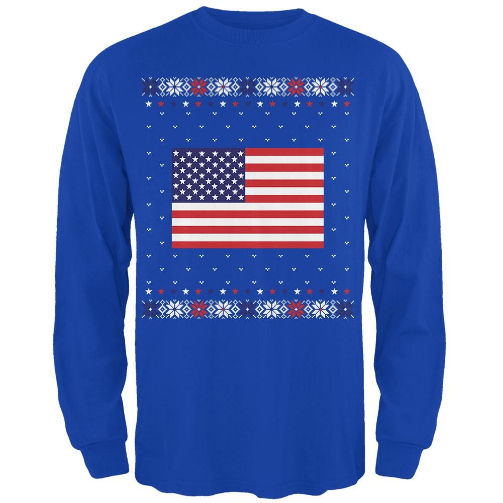 Usa American Flag Ugly Christmas Sweater Mens Long Sleeve T Shirt Royal 2Xl