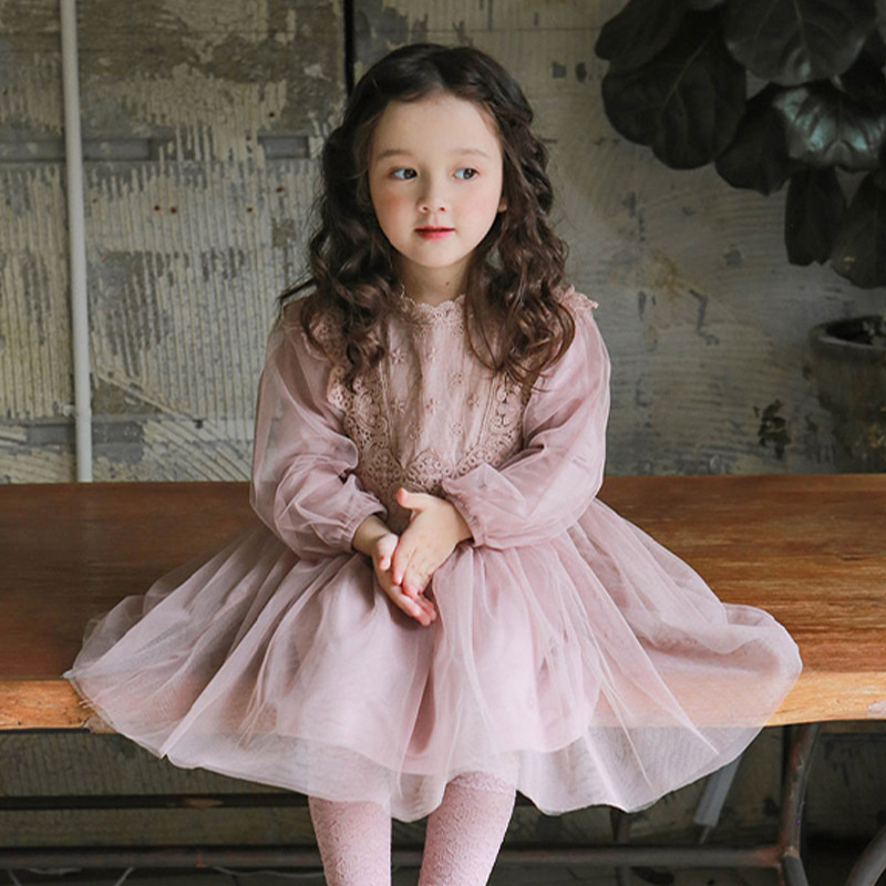 2022 Spring Mesh Korean Children’s Toddler Summer Clothes Girls French Lantern Sleeve Tulle Puffy Dress Elegant alx