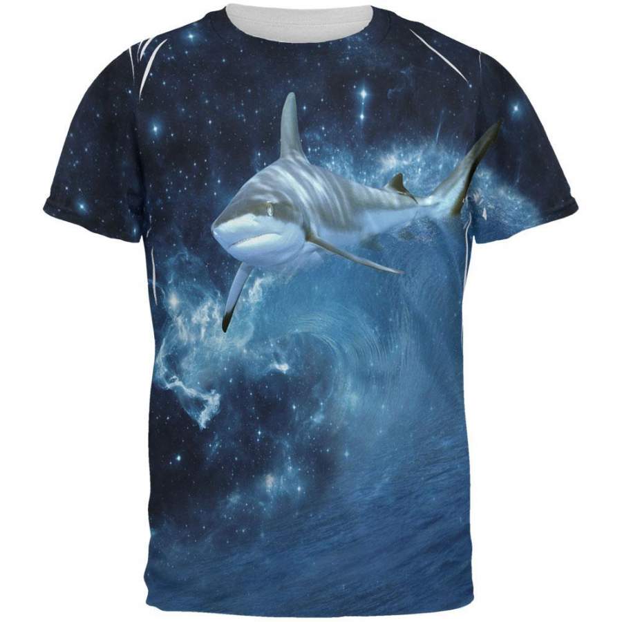 Shark Swimming in Space Galaxy All Over Mens T Shirt