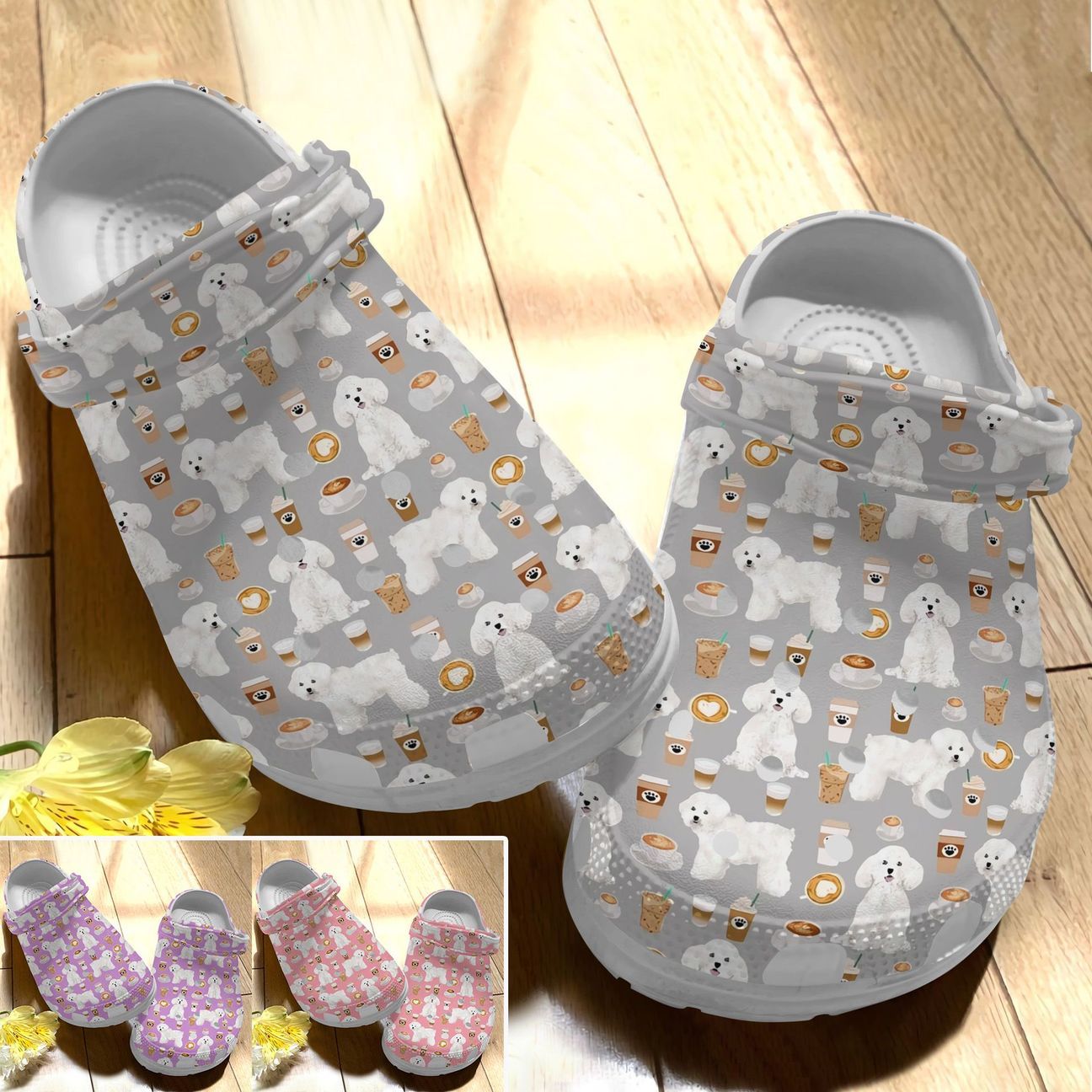 Bichon Frise Personalize Clog, Custom Name, Text, Fashion Style For Women, Men, Kid, Print 3D Whitesole Bichon Frise And Coffee