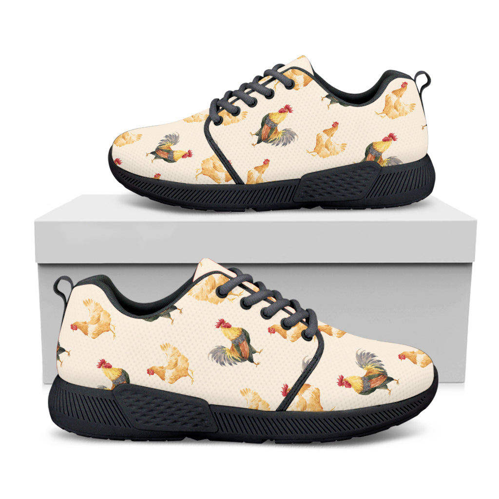 Watercolor Rooster Pattern Print Black Athletic Shoes