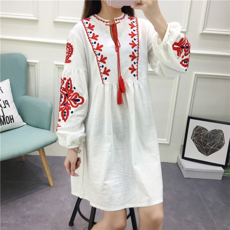 2021 Women Vintage Floral Embroidery Dress Drawstring Tie Tassels Long Sleeve Faldas Festa Casual Brand Loose Retro Dresses alx