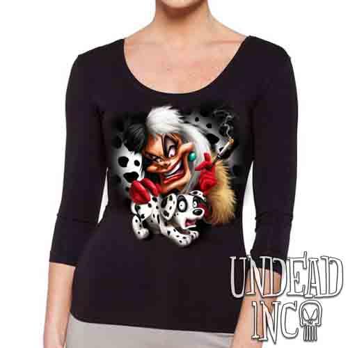 Villains Cruella De Vil Dalmatian Puppy Variant – Ladies 3/4 Long Sleeve Tee