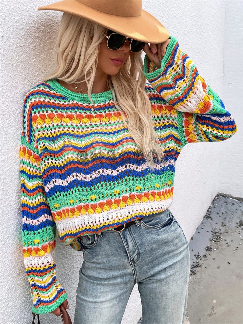 Autumn And Winter New European And American Stitching Sweater Loose Two-color Outer Round Neck Striped Sweater Women alx