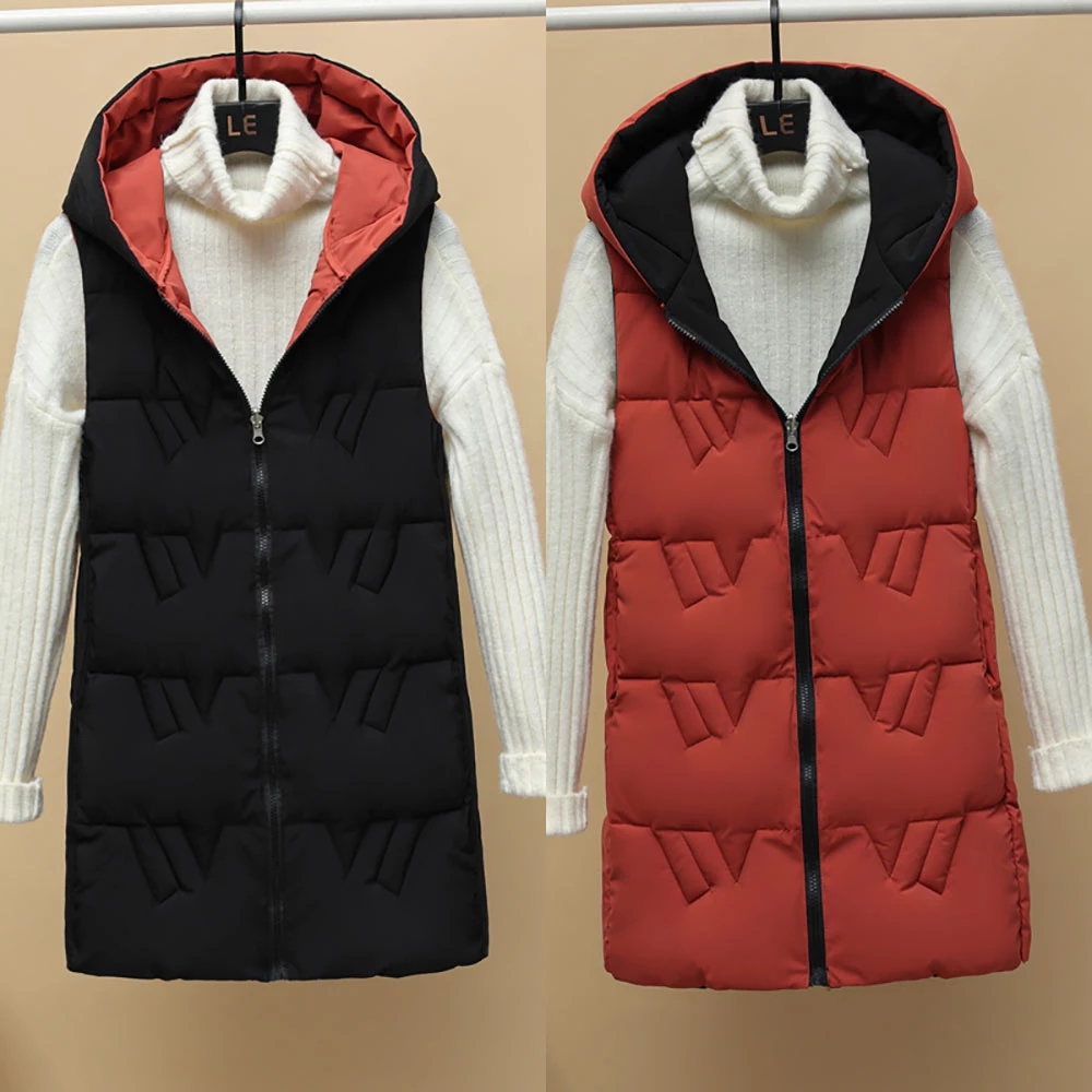 2021 Autumn Winter Two Sides Wear Long Vest Warm Hooded Waistcoat Women Coat Thicken Cotton Padded Female Sleeveless Jacket New alx