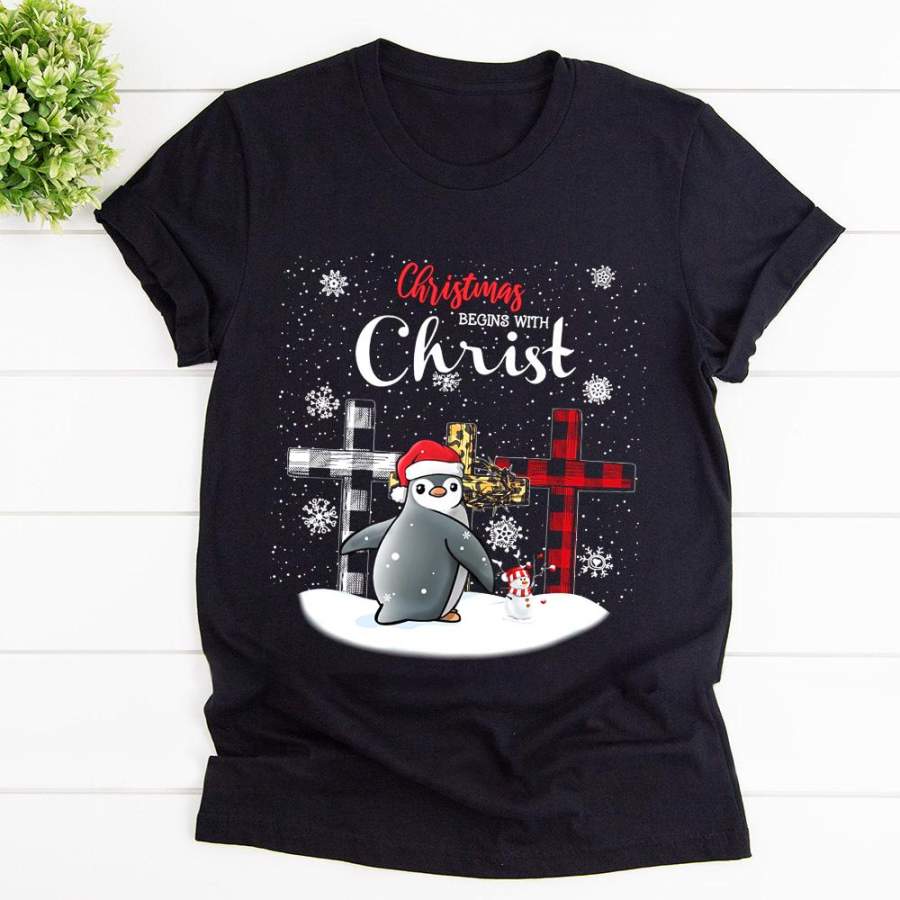 Penguins santa christmas begins with christ buffalo plaid across snow winter black cotton t shirt for men and women S-6XL