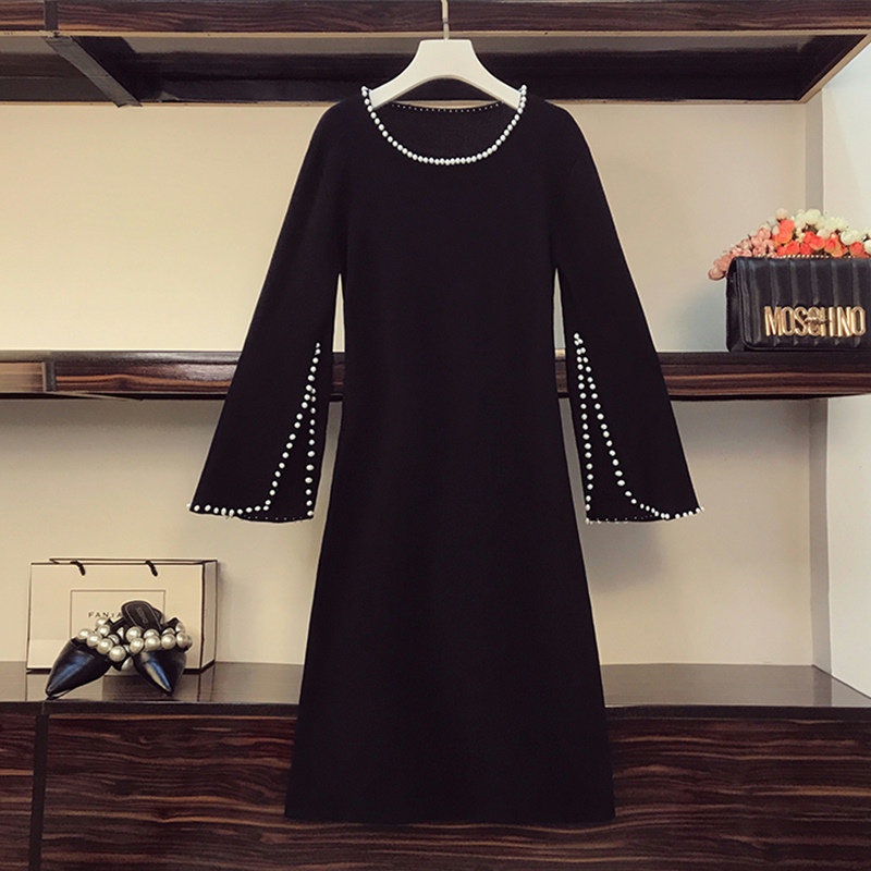 2021 autumn winter new fashion Beading kintting thick sweater dresses 3/4 Sleeve o neck elegant vintage A line dress plus size alx