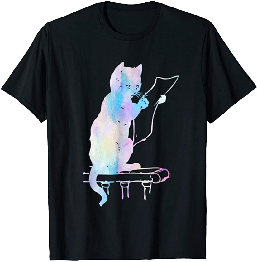 Watercolor Cat Reading Kitten Kitty Rainbow Cute Animal T-Shirt