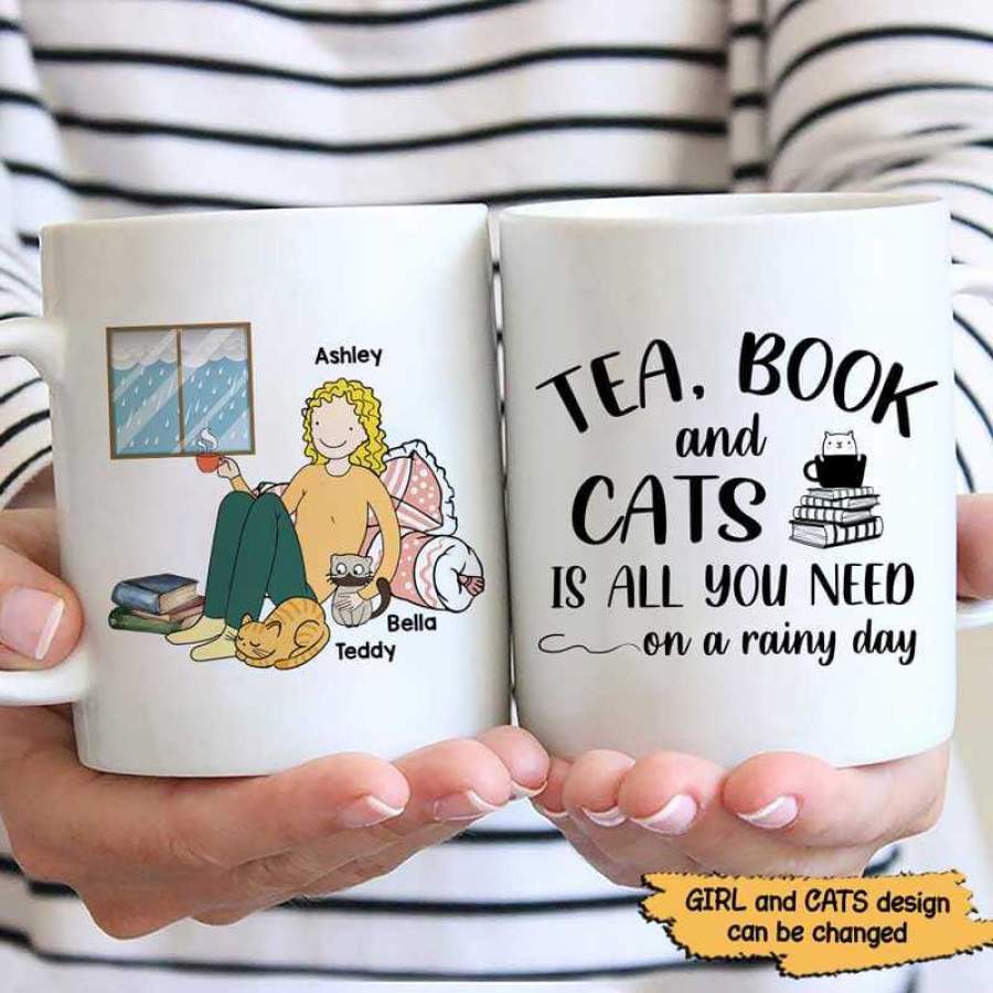 Tea Book Stick Cat Girl Rainy Day Personalized Mug