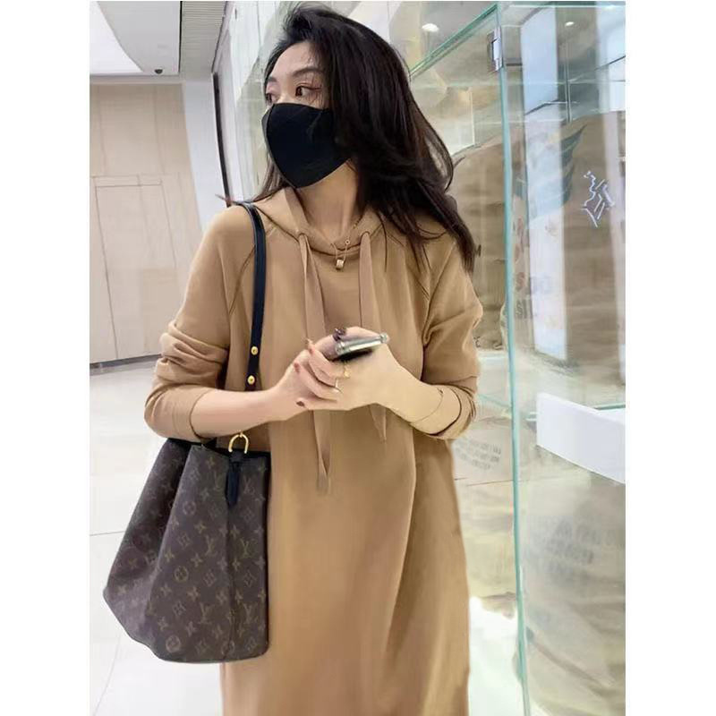 Autumn And Winter Fashion Hooded Dress For Women Loose And Slim Medium Length Solid Sweater Dress alx