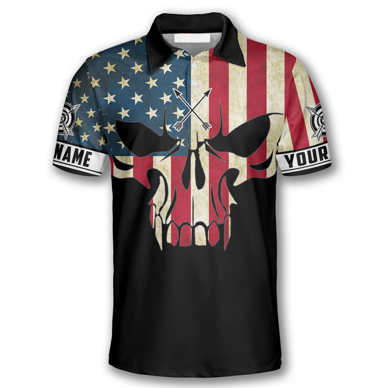 3D All Over Print Archery Skull American Flag Custom Archery Polo Shirts For Men, Skull Shirt