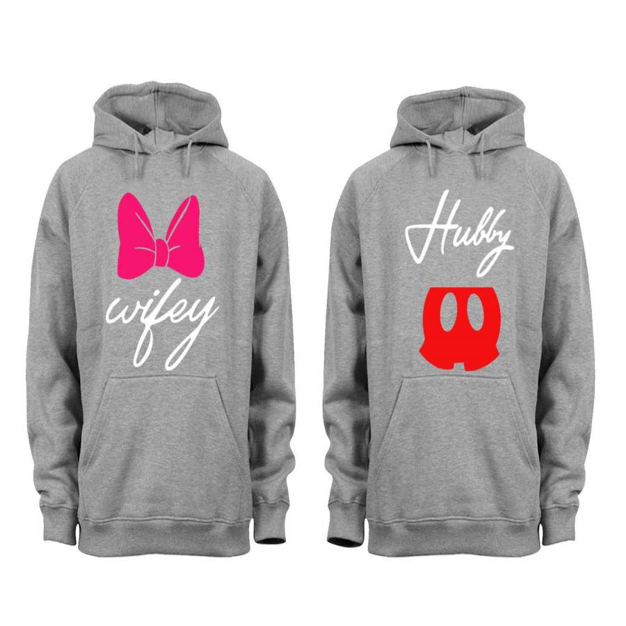 XtraFly Apparel Hubby Wifey Pink Bow Valentine’s Matching Couples Hooded-Sweatshirt Pullover Hoodie