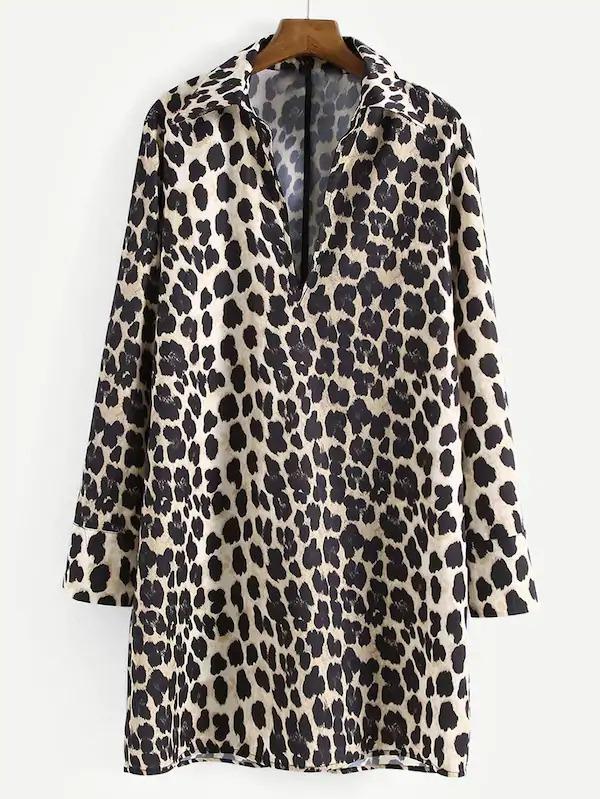 Women Leopard Print Shirt Dress