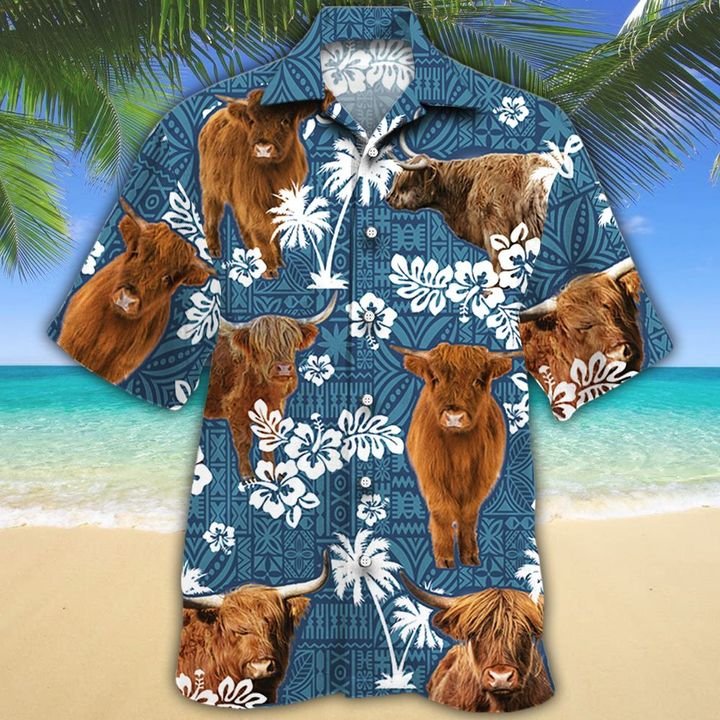 Highland Cattle Lovers Blue Tribal Hawaii Cow Hawaii Shirt For Men Women Ha39411