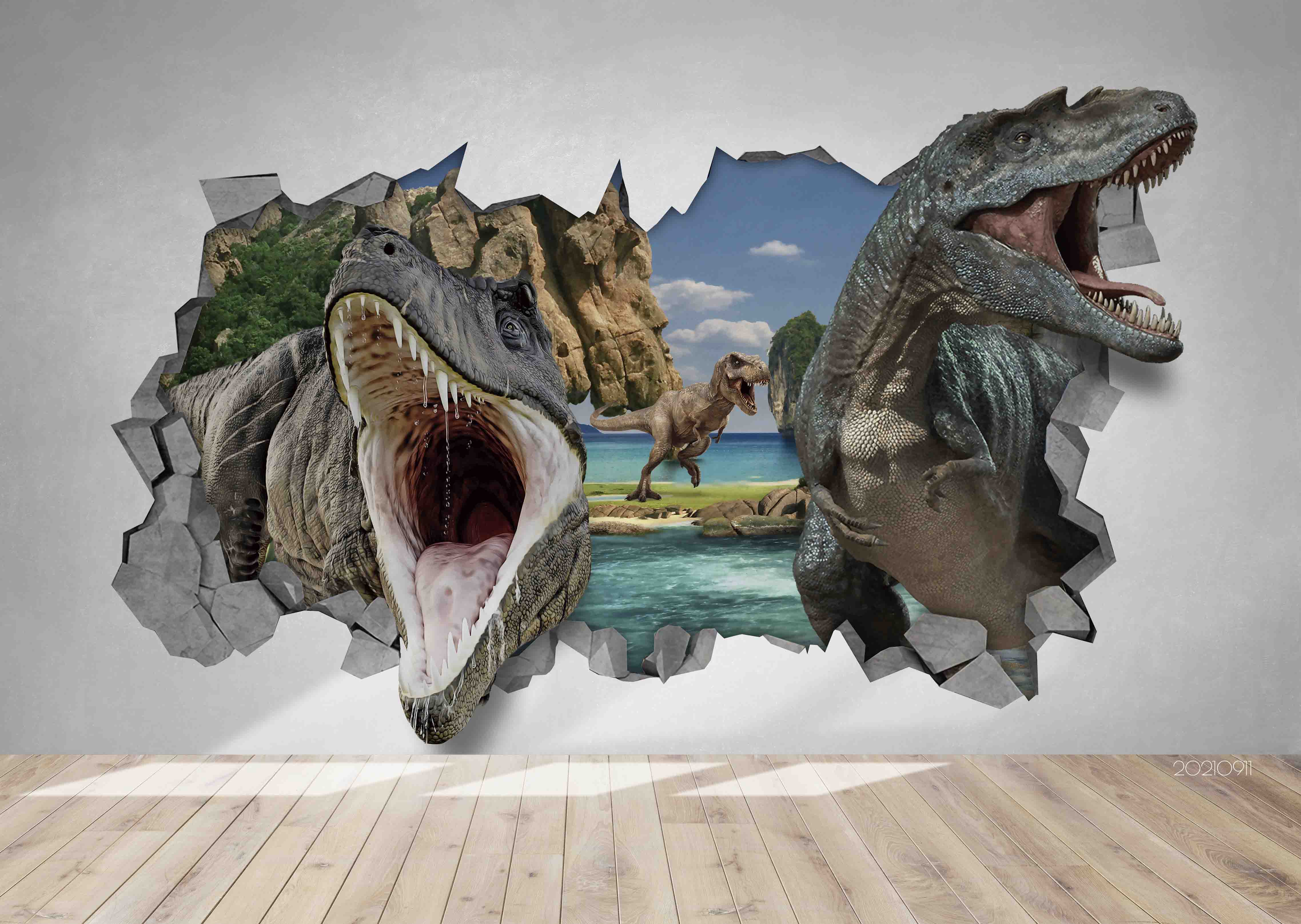 3D Broken Wall Animal Dinosaur Wall Mural Wallpaper Lqh 711