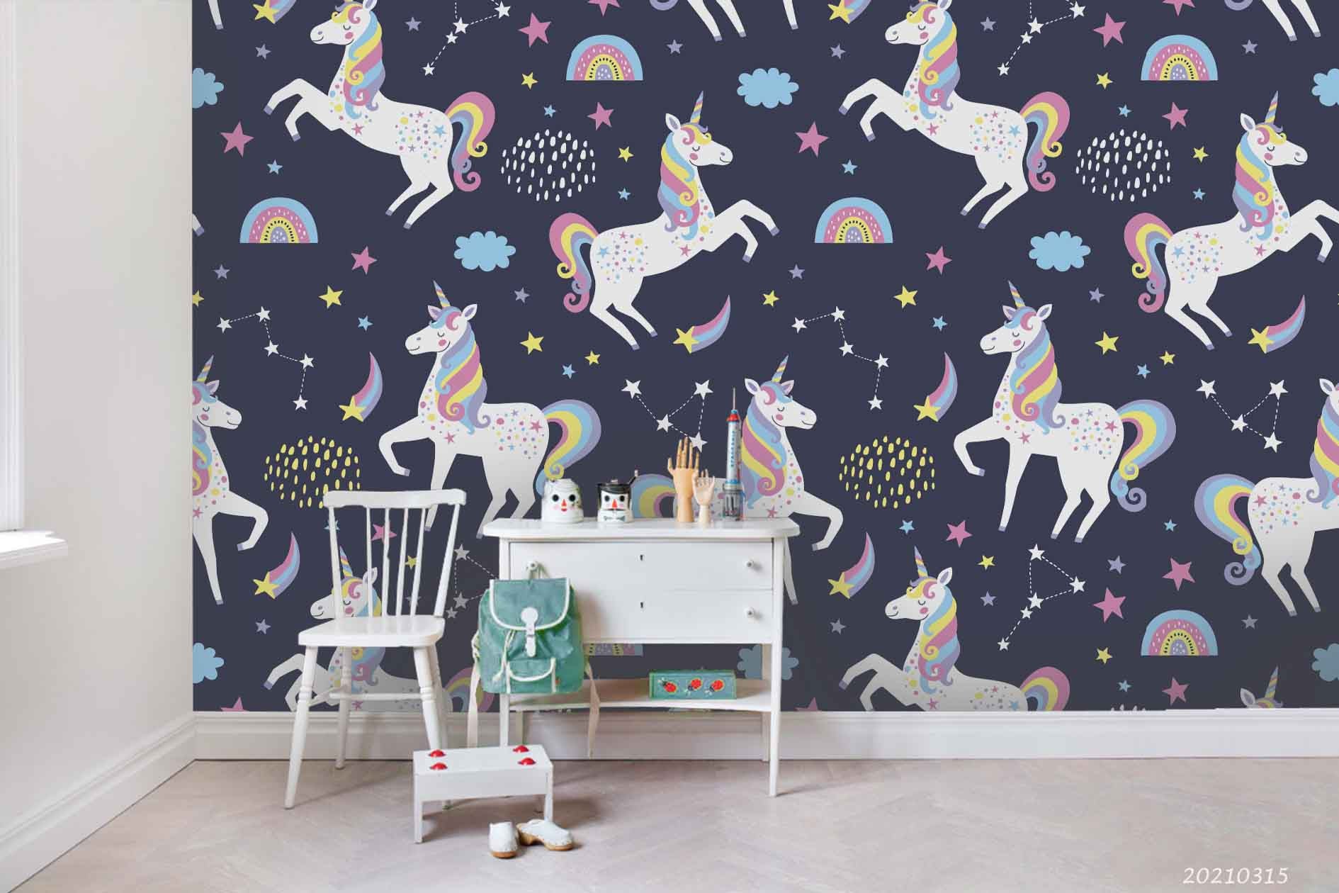 3D Cartoon Animal Unicorn Rainbow Star Wall Mural Wallpaper Lqh 356