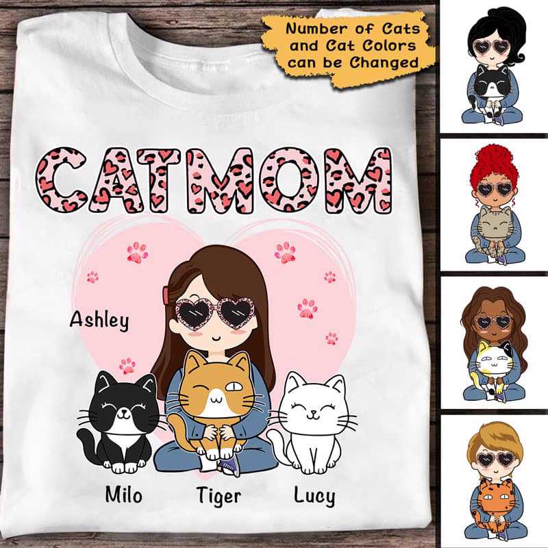 Cat Mom Pink Leopard Sitting Cat Personalized Shirt