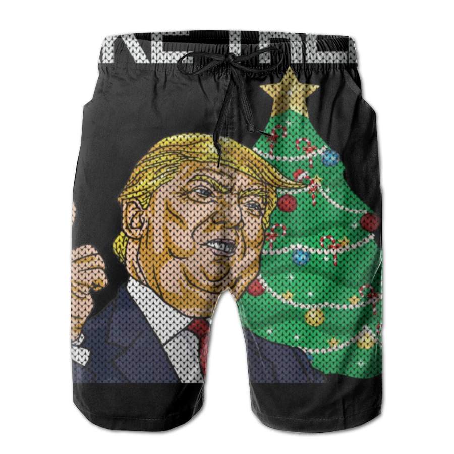 2 Pack Fake Trees News Ugly Christmas Horizontal Poster Men Swim Trunks Drawstring Elastic Waist Quick Dry Beach Shorts with Mesh Lining Swimwear Bathing Suits