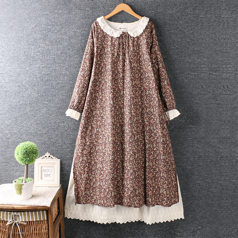 Vintage Japanese style lace peter pan collar long sleeve rustic flowers print cotton layers dress 2022 autumn RV760 alx