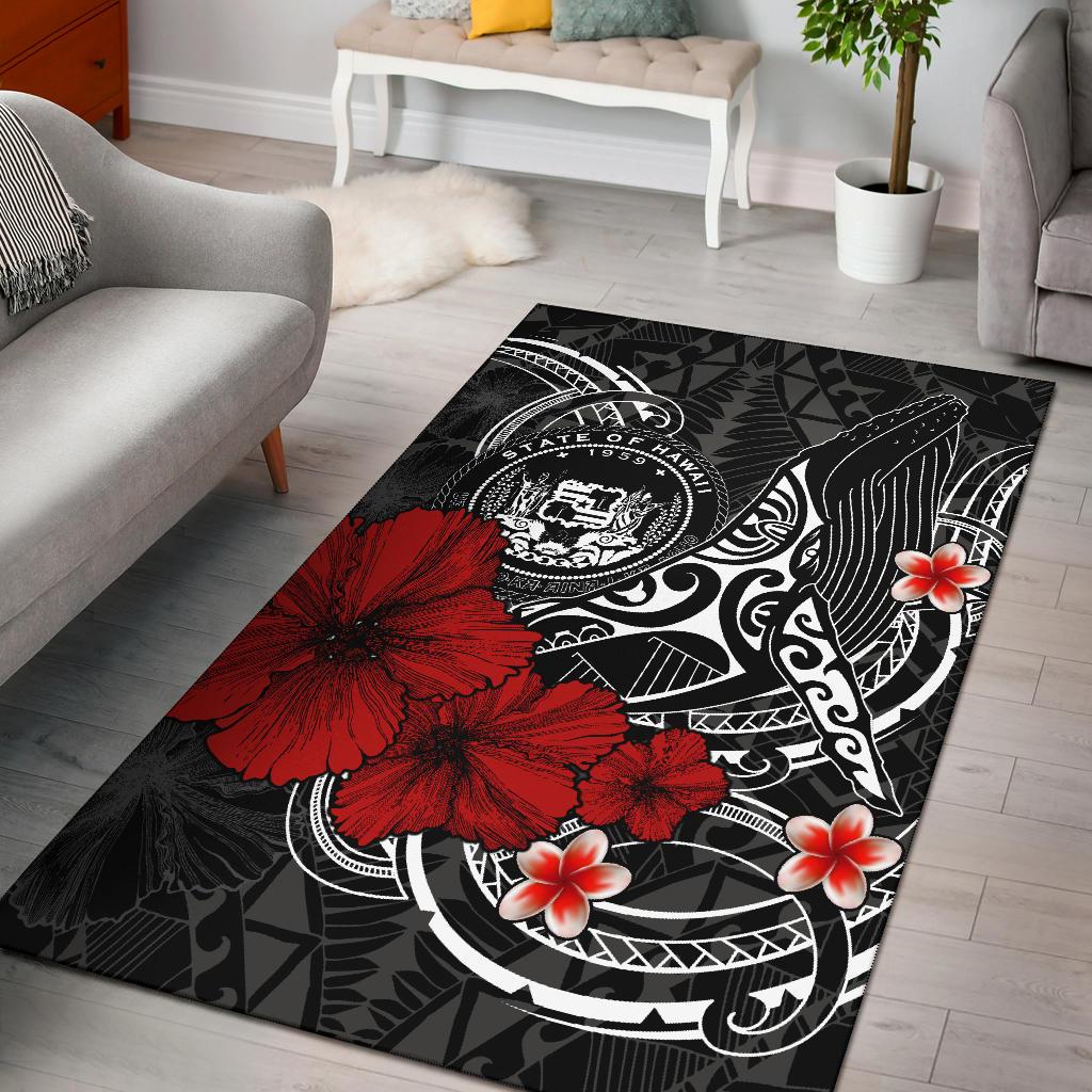 Polynesian Hawaii Area Rug – Humpback Whale With Hibiscus (White)