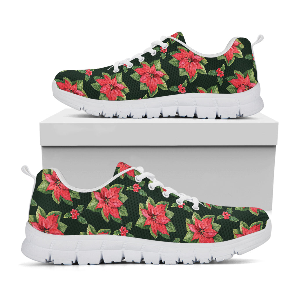 Watercolor Christmas Poinsettia Print White Sneakers