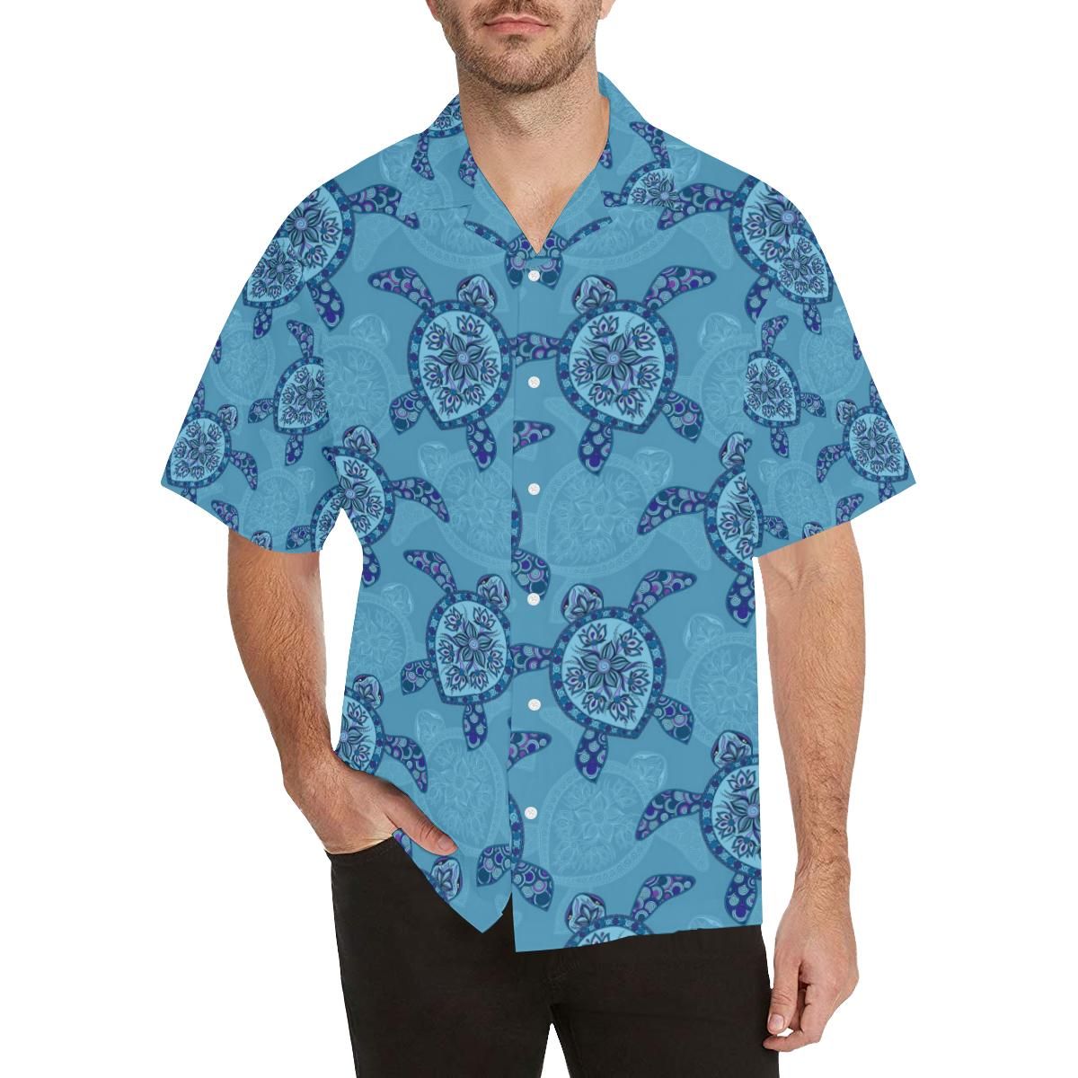 Sea Turtle Blue Tribal Pattern Men’s All Over Print Hawaiian Shirt