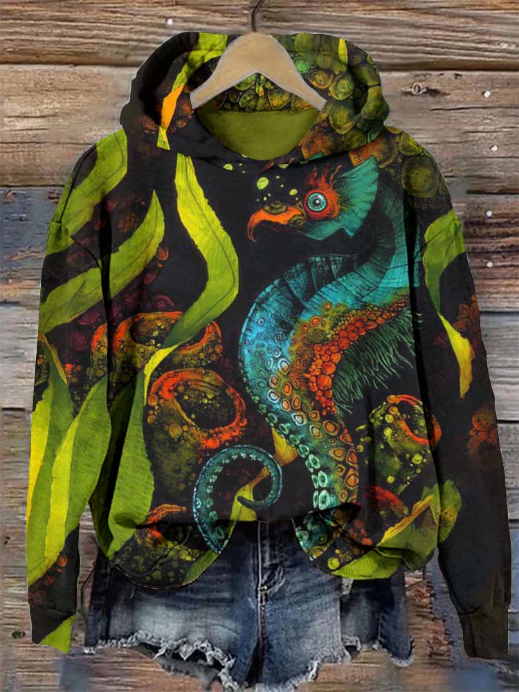 Eagle Beak Seahorse Print Long Sleeve Hoodie