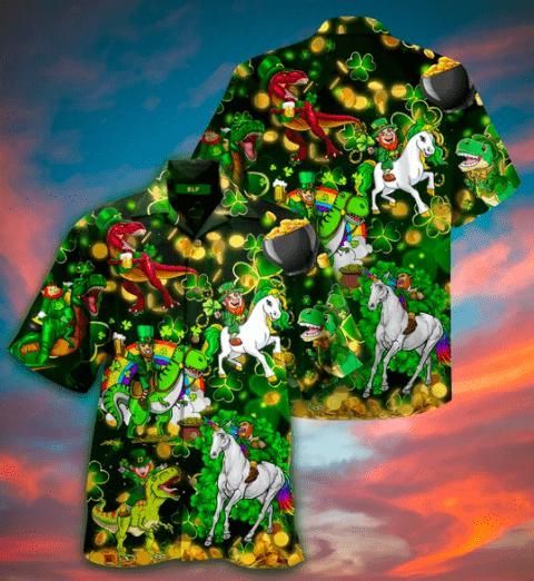 Unicorn Dinosaur Saint Patrick Aloha Hawaiian Shirt Colorful Short Sleeve Summer Beach Casual Shirt For Men And Women