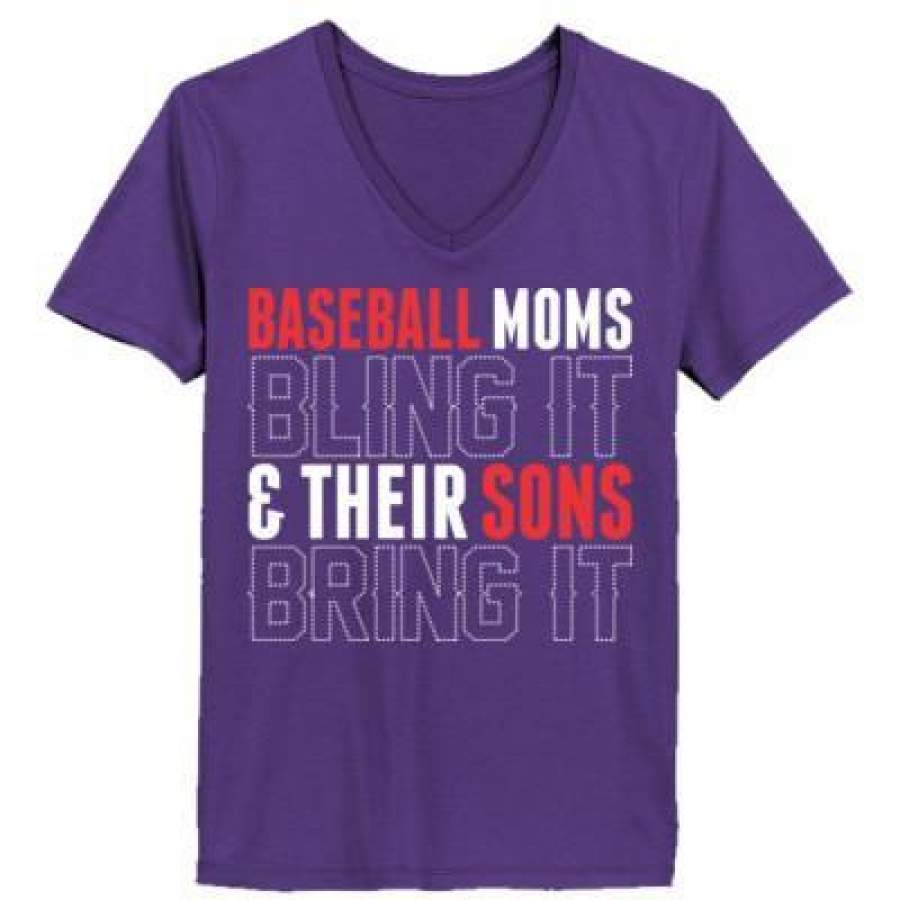 AGR Baseball Moms Bling It & Their Sons Bring It – Ladies’ V-Neck T-Shirt