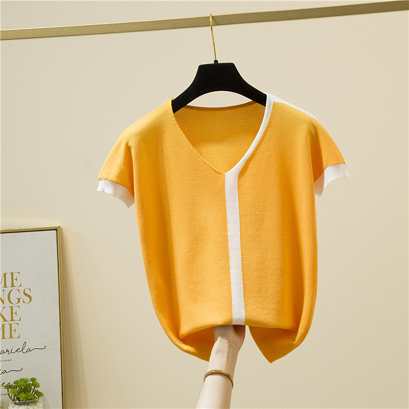 2021 Solid Pullover Sweater Women Summer Korean Thin Knitted Top Female Loose V-Neck Short Sleeve Women Sweaters Jersey Mujer alx