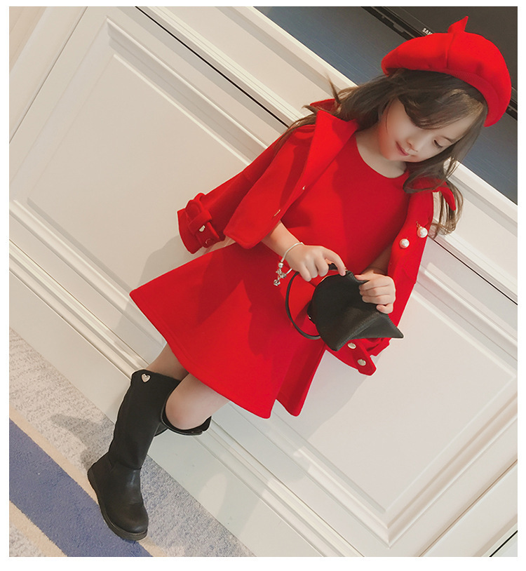 2022 Autumn Children’s Set Girl Korean Version of Vest Skirt+woolen Jacket+hat Three-piece Sets Girl Party Fashion Red Clothes alx