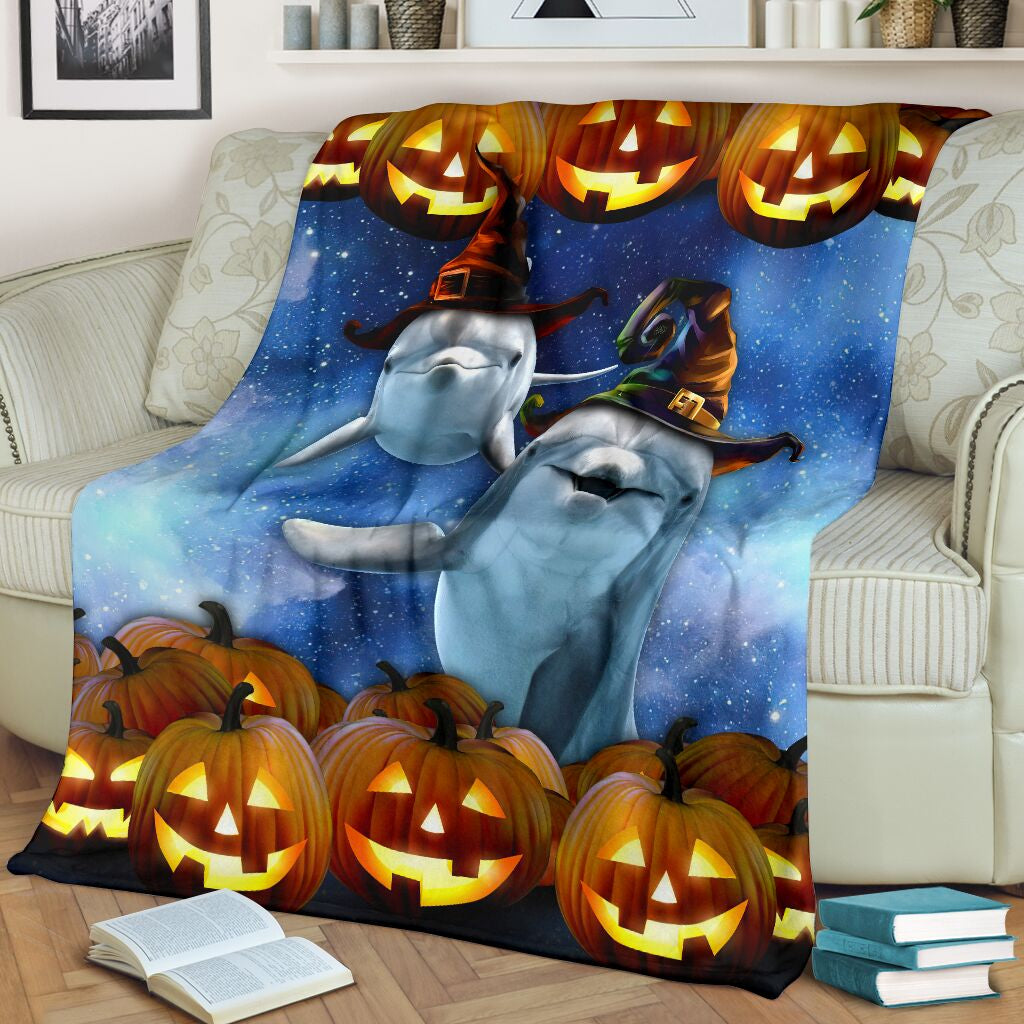 Dolphins Wearing Witches Hat Sparkle Sky Above Sherpa Fleece Blanket Great Customized Blanket Gifts For Birthday Christmas Thanksgiving