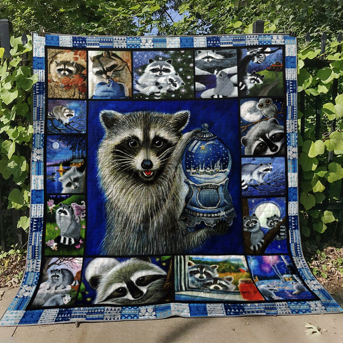 Raccoon Holding Light  Cute Racoon Animal  Quilt Blanket