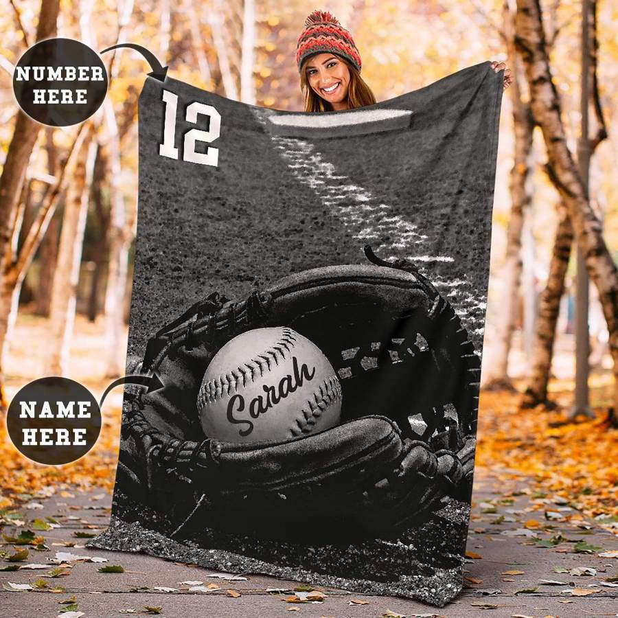 B&W Vintage Softball Glove Hold Ball Customized Blanket With Name