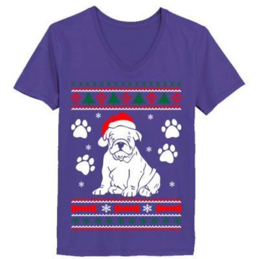 AGR Bulldog Dog Ugly Christmas Sweater Xmas – Ladies’ V-Neck T-Shirt