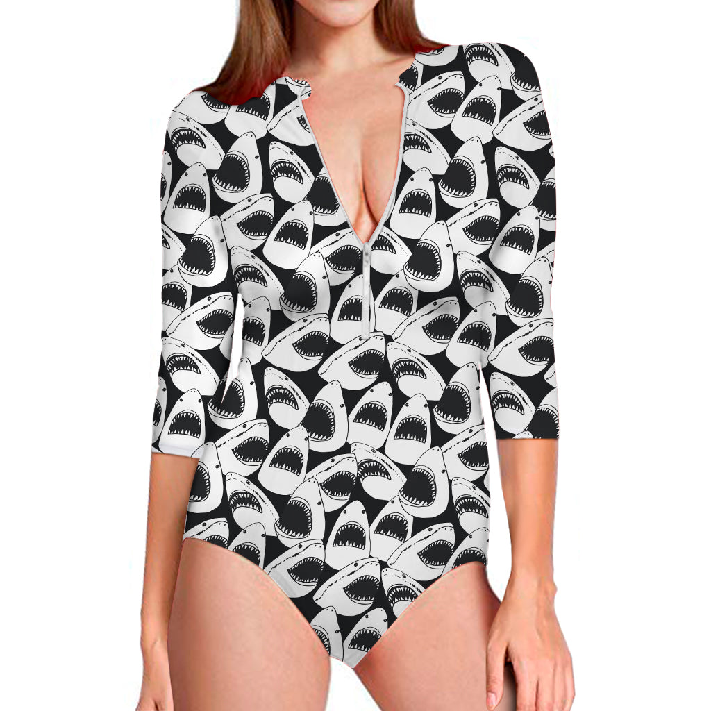 White And Grey Shark Pattern Print Long Sleeve One Piece Swimsuit