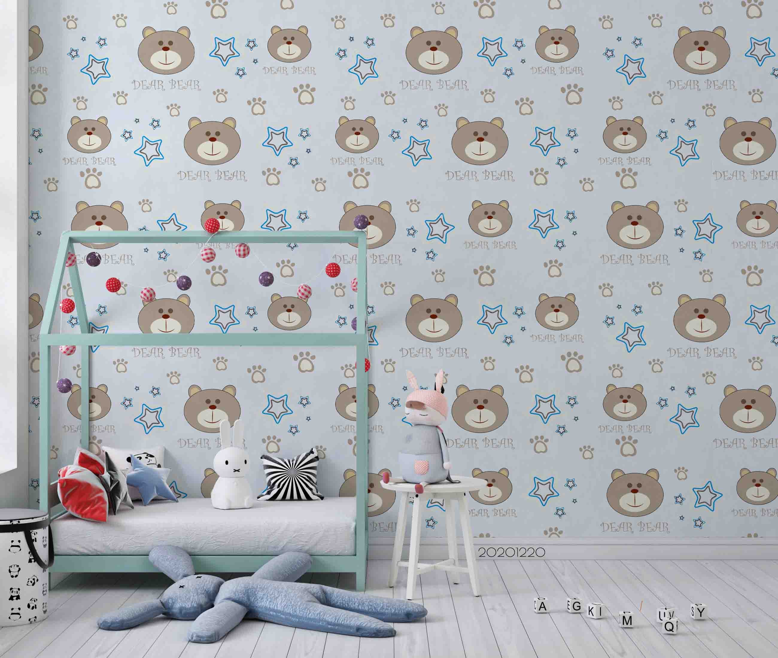 3D Hand Drawn Animal Bear Blue Wall Mural Wallpaper Lqh 96