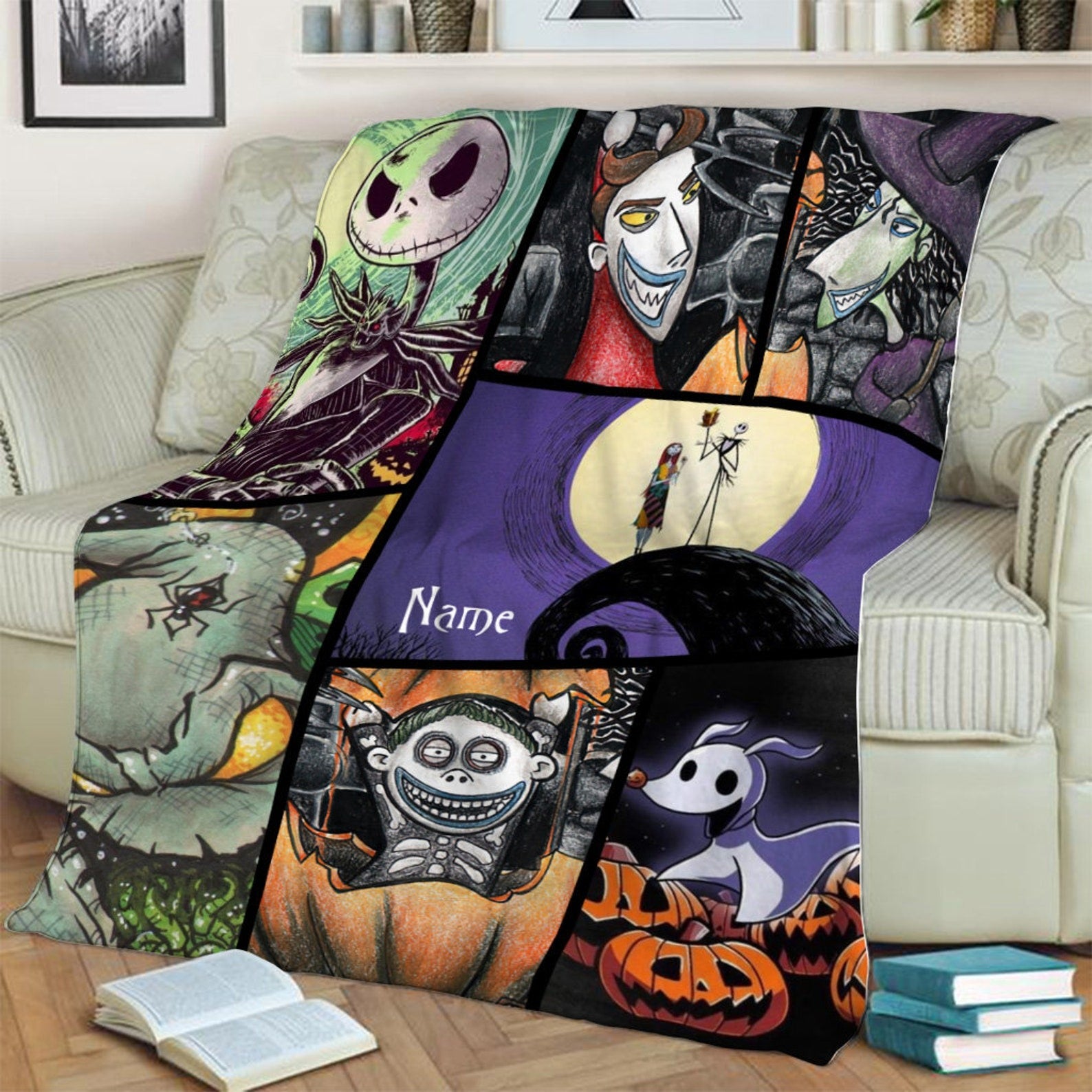 Personalize Name Halloween Blanket, Jack Skellington The Nightmare Before Christmas Blanket, Jack Skellington And Sally Blanket Oogie Boogie