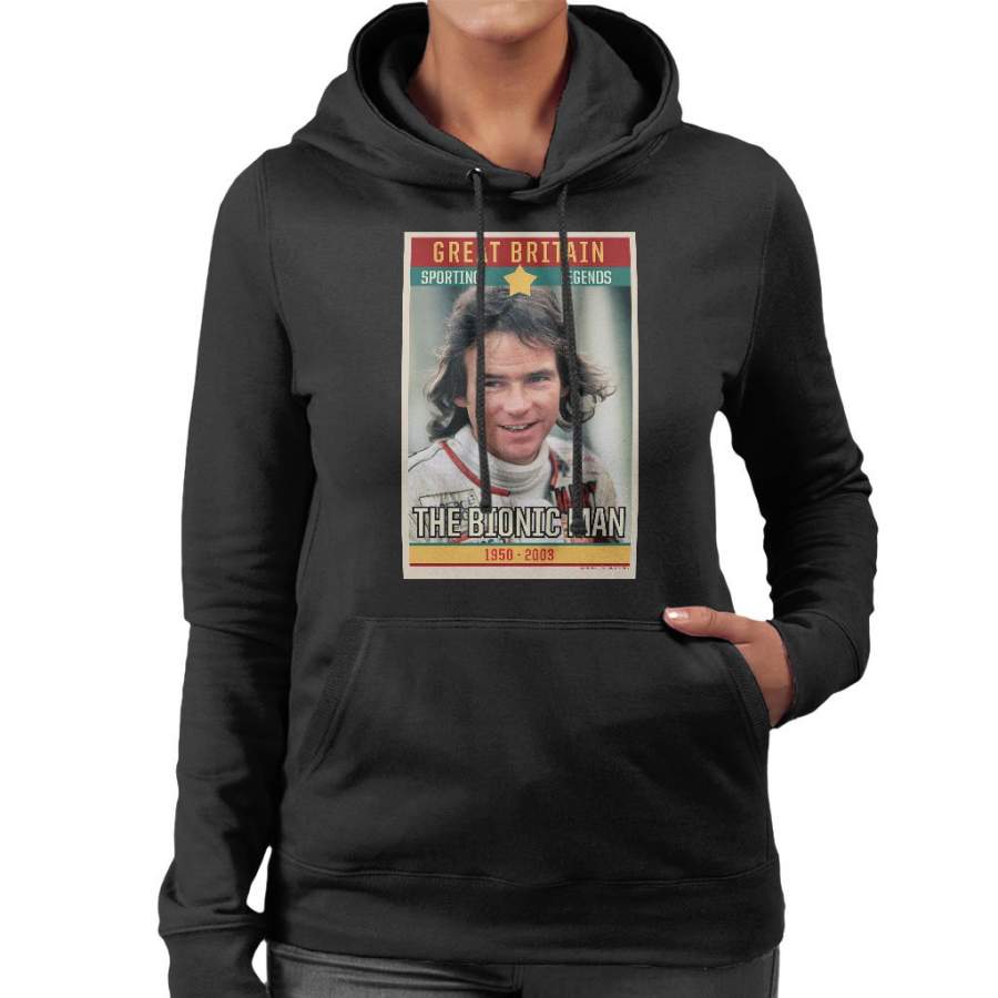 Sporting Legend Poster UK Barry Sheene Bionic Man World Motor Cycle Champion 1977 Women’s Hooded Sweatshirt