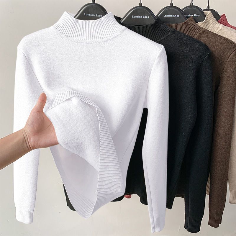 Turtleneck Sweater Slim Thick Fleece Sweaters Women’s Winter Knitted Pullover Casual Fleece Lining Korean Thermal Knitted Top alx