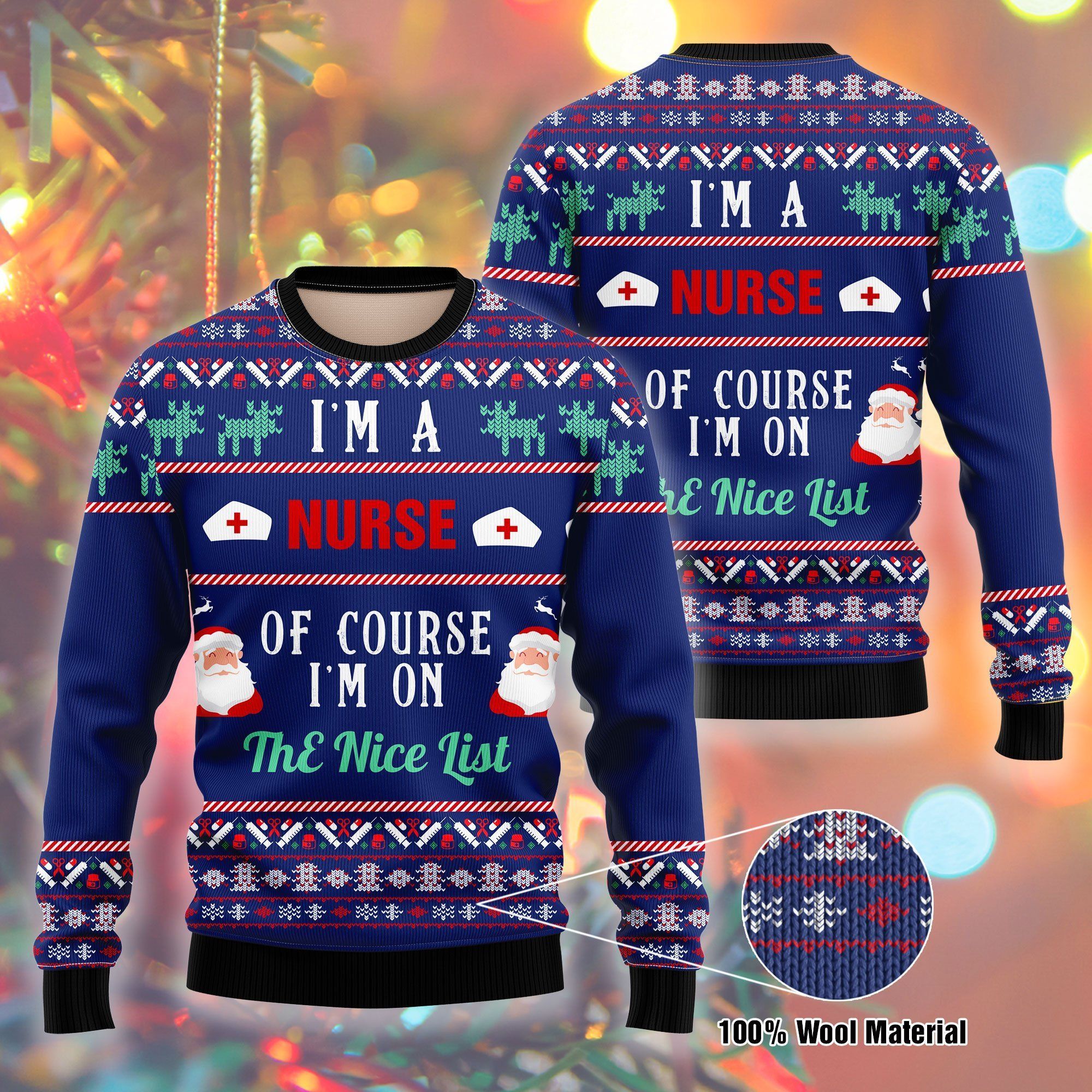 Unifinz Nurse Christmas Sweater I Am A Nurse Of Course I’M On The Nice List Blue Ugly Sweater 2022